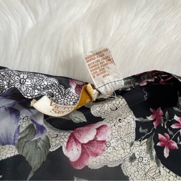 VTG Victoria Secret Gold Label Black Floral Satin Lace Trim Nightie Slip Dress M - Picture 9 of 15